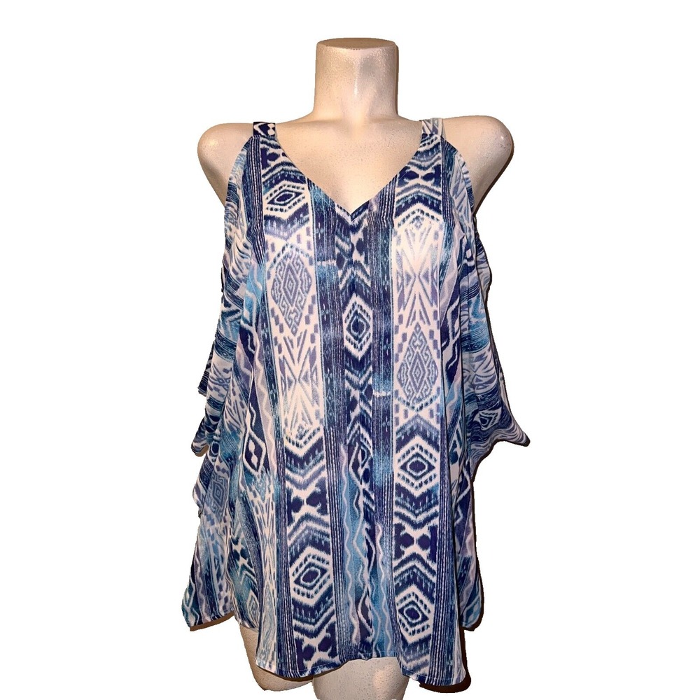 Wendy Bellissimo Top Blue White Ikat Tribal Cold Shoulder V-Neck Blouse Size S/M